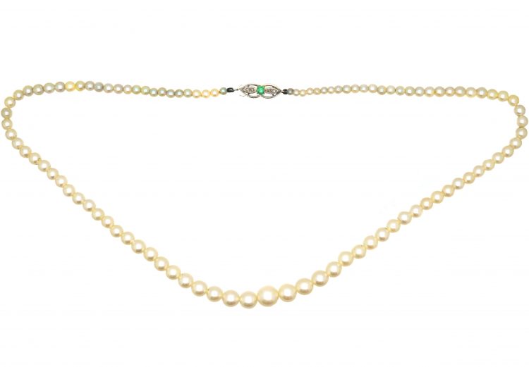 Edwardian Graduated Cultured Pearl Necklace with an 18ct White Gold, Emerald & Diamond Clasp