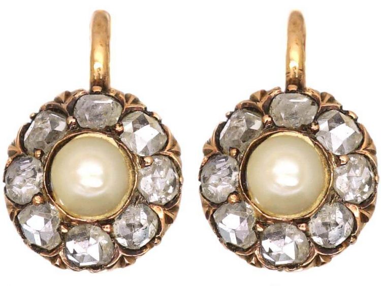Early 20th Century 18ct Gold, Natural Pearl & Rose Diamond Flower Earrings