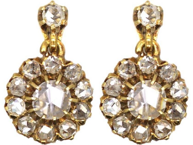 Early 20th Century 18ct Gold Rose Diamond Drop Cluster Earrings
