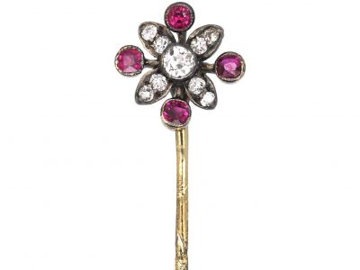 Edwardian Gold & Silver, Ruby & Diamond Flower Tie Pin