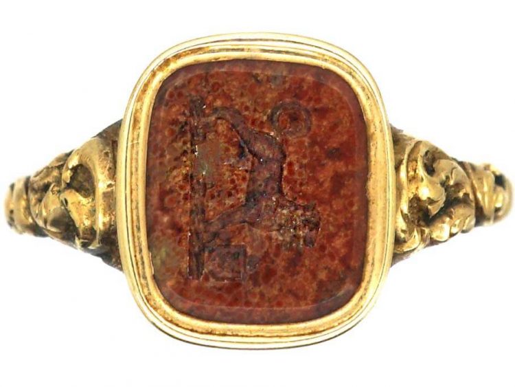 Early 19th Century 18ct Gold & Brown Jasper Ring with Lion Intaglio
