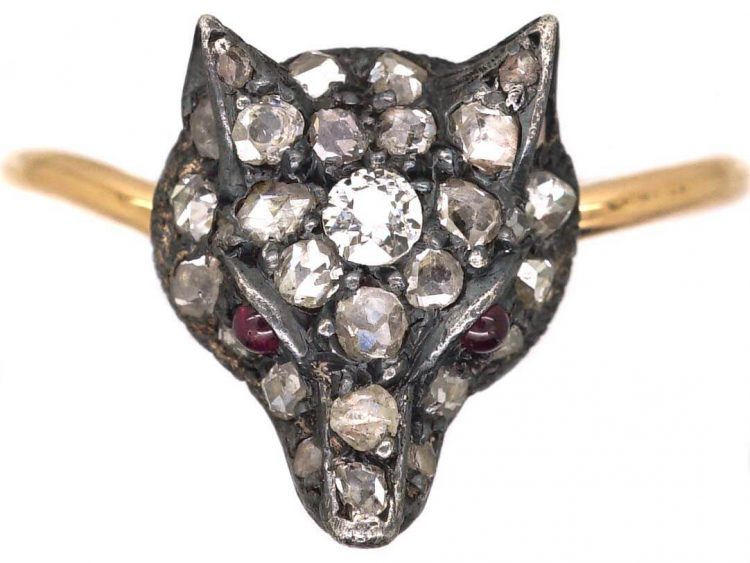 Edwardian Fox Head Ring set with Diamonds & Ruby Eyes