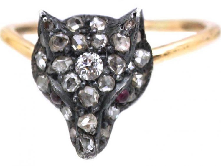 Edwardian Fox Head Ring set with Diamonds & Ruby Eyes
