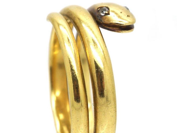 Victorian Wide 18ct Gold Coily Snake Ring with Diamond Eyes