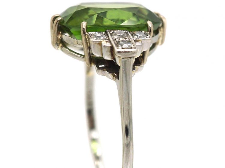 Art Deco Platinum Ring set with a Large Peridot & Diamonds