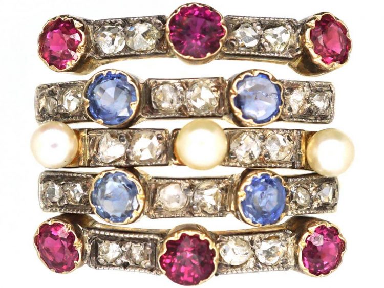 Edwardian 18ct Gold Harem Ring set with Rubies, Sapphires, Pearls & Rose Diamonds