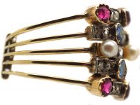 Edwardian 18ct Gold Harem Ring set with Rubies, Sapphires, Pearls & Rose Diamonds