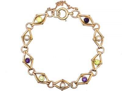 Edwardian 9ct Gold Suffragette Bracelet Set With Peridots, Pearls and Amethysts