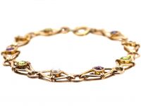 Edwardian 9ct Gold Suffragette Bracelet Set With Peridots, Pearls and Amethysts