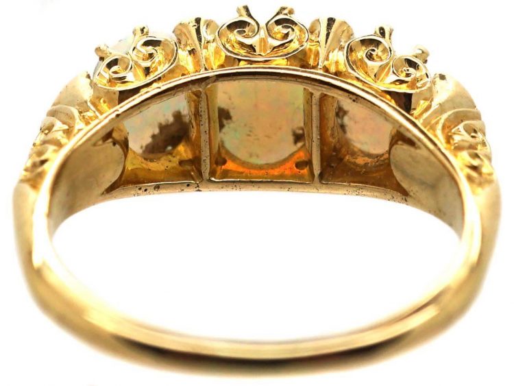 Edwardian 18ct Gold, Opal & Diamond Carved Half Hoop Three Stone Ring