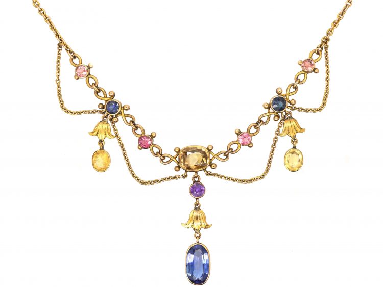 Edwardian 18ct Gold Festoon Necklace set with Various Coloured Gemstones