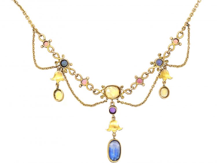 Edwardian 18ct Gold Festoon Necklace set with Various Coloured ...