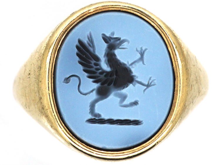 9ct Gold Signet Ring with Banded Onyx Intaglio of a Griffin
