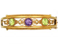 Edwardian 9ct Gold Suffragette Bangle set with Peridots, Pearls and Amethysts