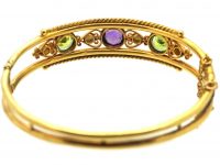 Edwardian 9ct Gold Suffragette Bangle set with Peridots, Pearls and Amethysts