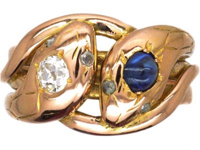 Late 19th Century Double Snake Ring set with a Diamond and a Cabochon Sapphire