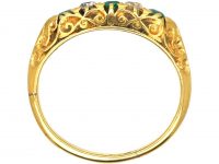 Victorian 18ct Gold, Emerald and Diamond Carved Half Hoop Five Stone Ring