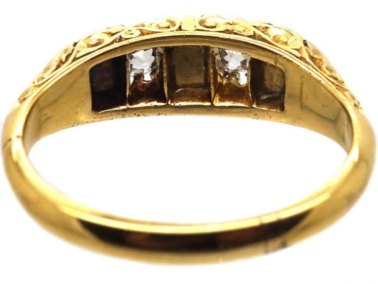 Victorian 18ct Gold, Emerald and Diamond Carved Half Hoop Five Stone Ring