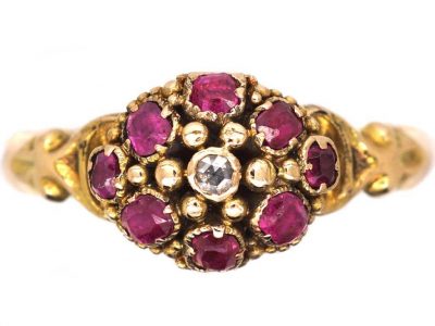 Early Victorian 15ct Gold, Ruby & Diamond Cluster Ring
