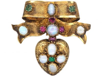 Early Victorian 15ct Gold, Emerald, Opal & Ruby Bow Brooch with Heart Drop