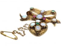 Early Victorian 15ct Gold, Emerald, Opal & Ruby Bow Brooch with Heart Drop