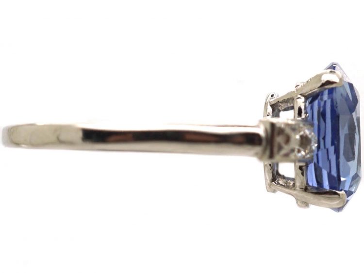 Art Deco Platinum and Sapphire Solitaire Ring with French Cut Diamond Shoulders