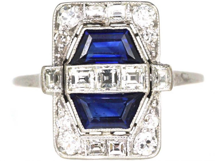 Art Deco 18ct White Gold & Platinum, Sapphire & Diamond Rectangular Ring