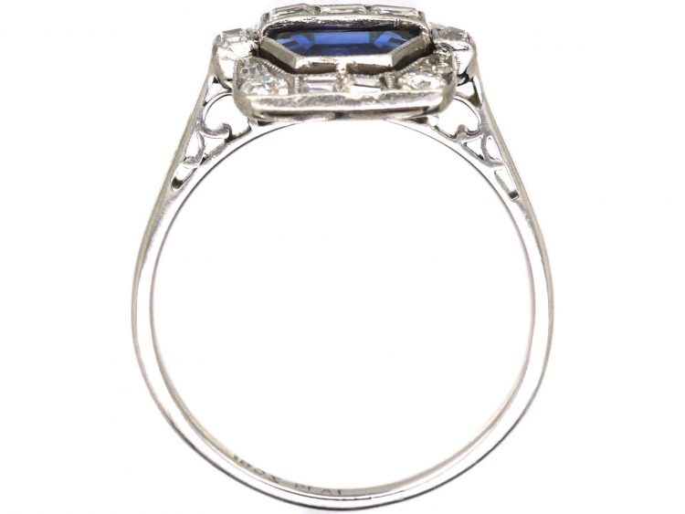 Art Deco 18ct White Gold & Platinum, Sapphire & Diamond Rectangular Ring