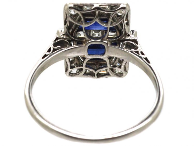 Art Deco 18ct White Gold & Platinum, Sapphire & Diamond Rectangular Ring