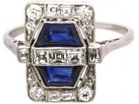 Art Deco 18ct White Gold & Platinum, Sapphire & Diamond Rectangular Ring