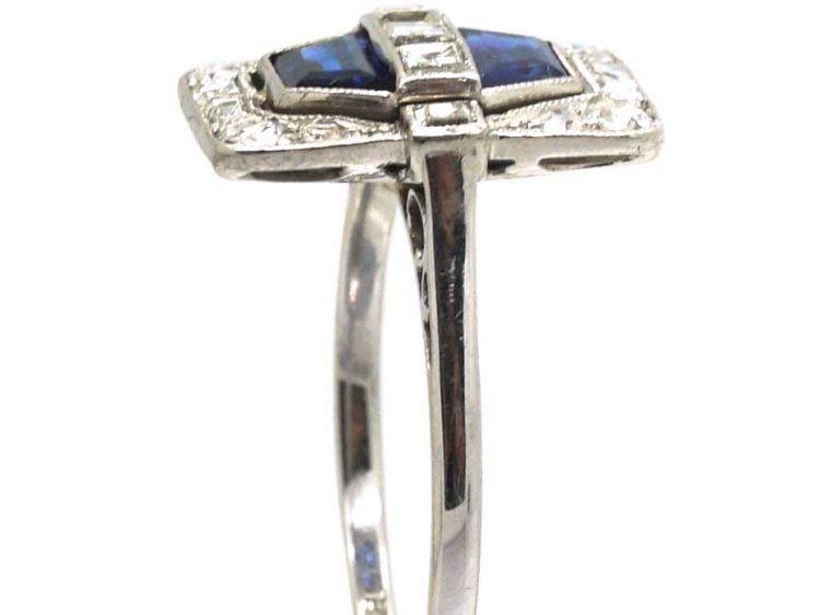 Art Deco 18ct White Gold & Platinum, Sapphire & Diamond Rectangular Ring