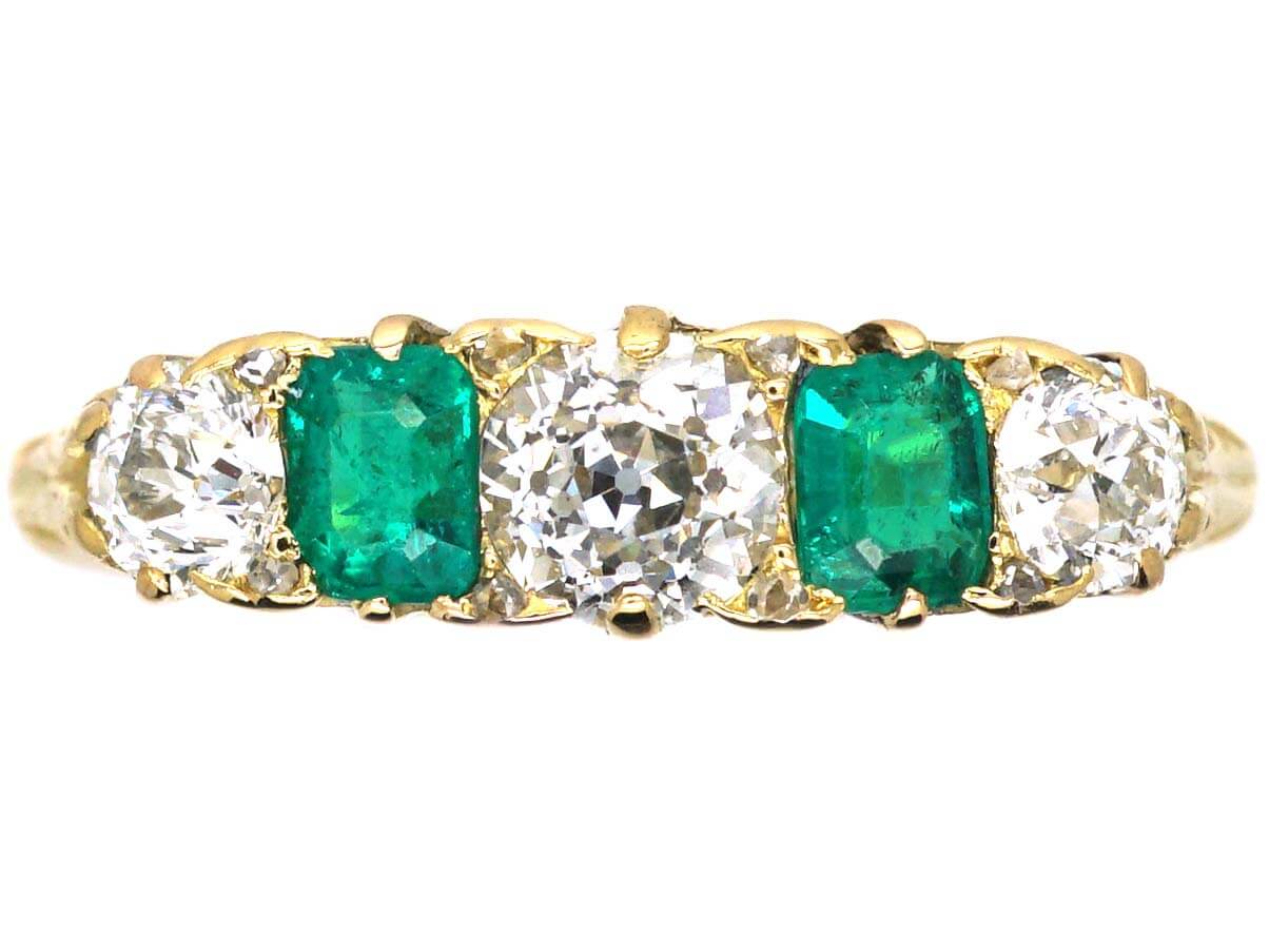 Victorian 18ct Gold, Emerald & Diamond Carved Half Hoop Five Stone Ring ...