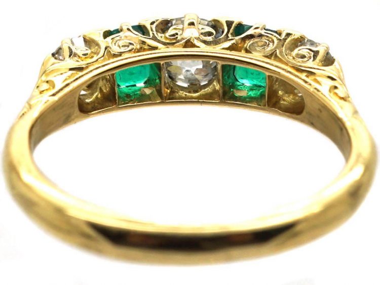 Victorian 18ct Gold, Emerald & Diamond Carved Half Hoop Five Stone Ring ...