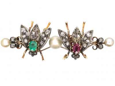 French 19th Century 18ct Gold Brooch en Tremblant of Two Flies set with Natural Pearls, Emeralds, Rubies & Diamonds