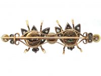 French 19th Century 18ct Gold Brooch en Tremblant of Two Flies set with Natural Pearls, Emeralds, Rubies & Diamonds