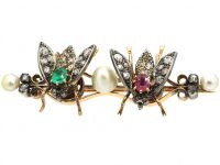 French 19th Century 18ct Gold Brooch en Tremblant of Two Flies set with Natural Pearls, Emeralds, Rubies & Diamonds