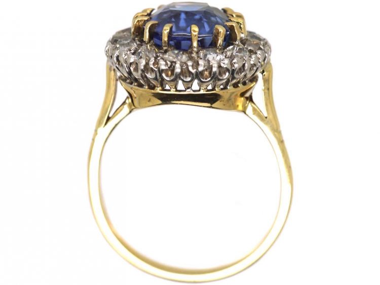 Edwardian 18ct Gold and Platinum Unheated Ceylon Sapphire and Diamond Cluster Ring