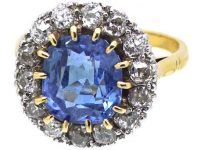 Edwardian 18ct Gold and Platinum Unheated Ceylon Sapphire and Diamond Cluster Ring