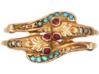 Victorian 18ct Gold Puzzle Double Snake Ring set with Turquoise & Garnets