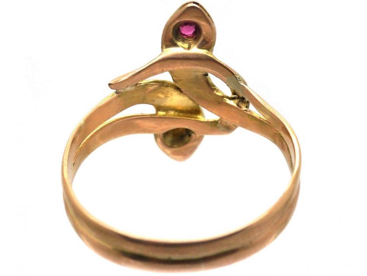 Edwardian 14ct Gold Double Snake Ring set with a Ruby & Diamond