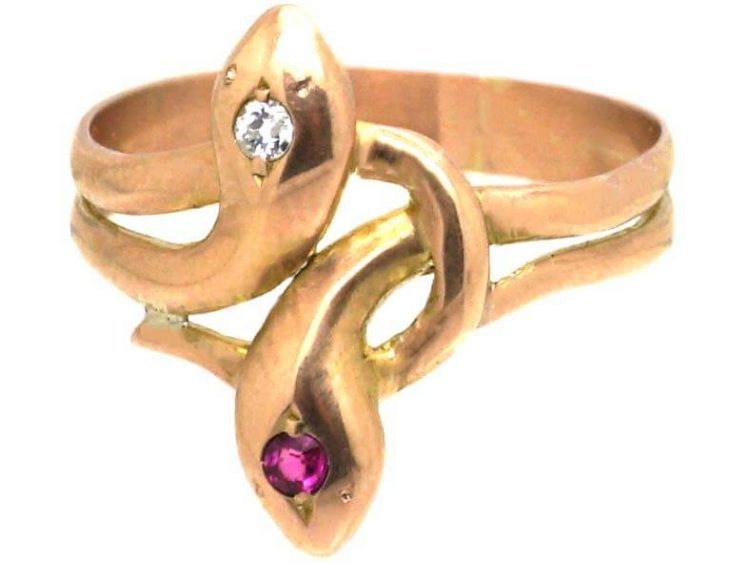 Edwardian 14ct Gold Double Snake Ring set with a Ruby & Diamond