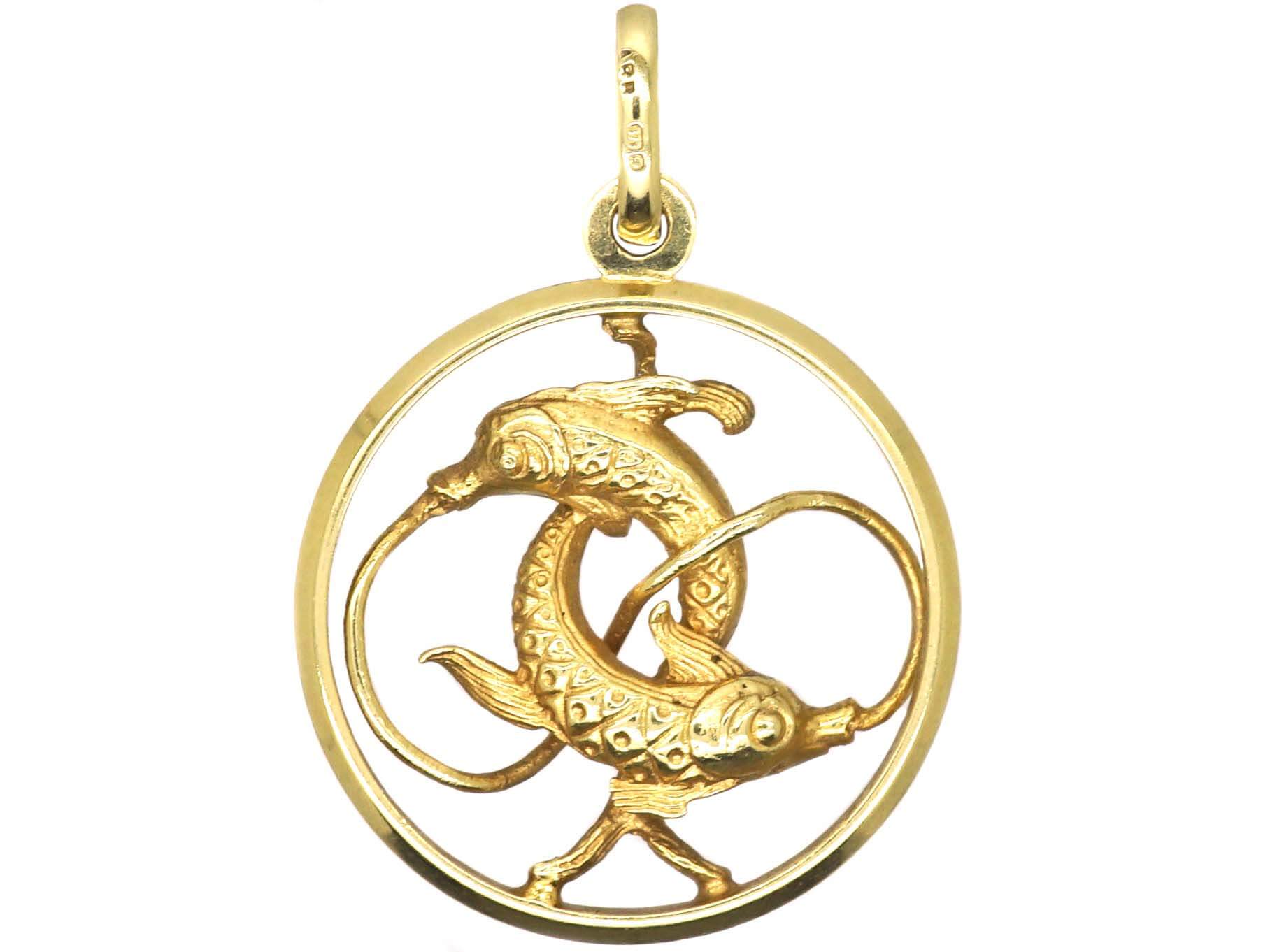 Vintage Italian Pisces Fish 18K Gold And Green Enamel Zodiac Charm