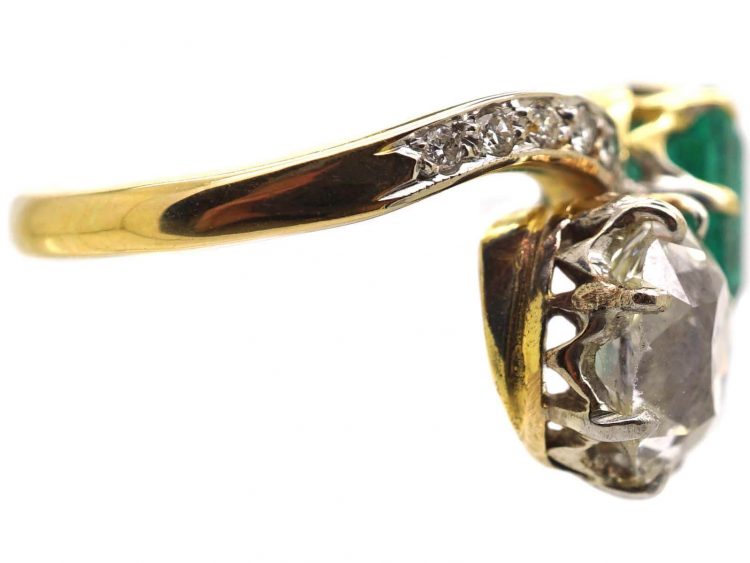 French Early 20th Century 18ct Gold & Platinum, Large Emerald & Diamond Crossover Ring