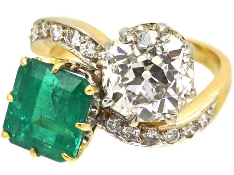 French Early 20th Century 18ct Gold & Platinum, Large Emerald & Diamond Crossover Ring