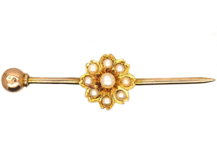 Edwardian 15ct Gold Pin & Flower Brooch set with Natural Split Pearls