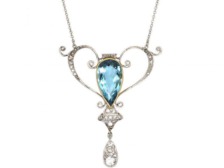 Edwardian Platinum, Aquamarine & Diamond Pendant on a Platinum Chain