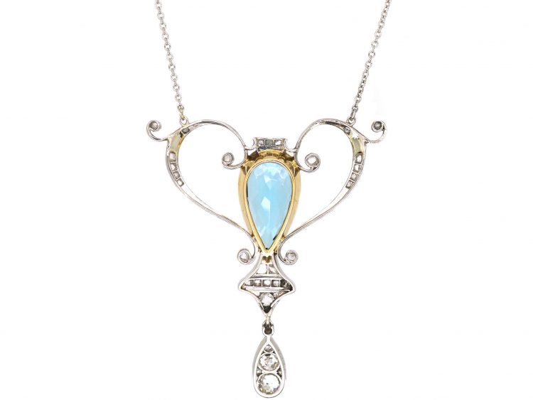 Edwardian Platinum, Aquamarine & Diamond Pendant on a Platinum Chain