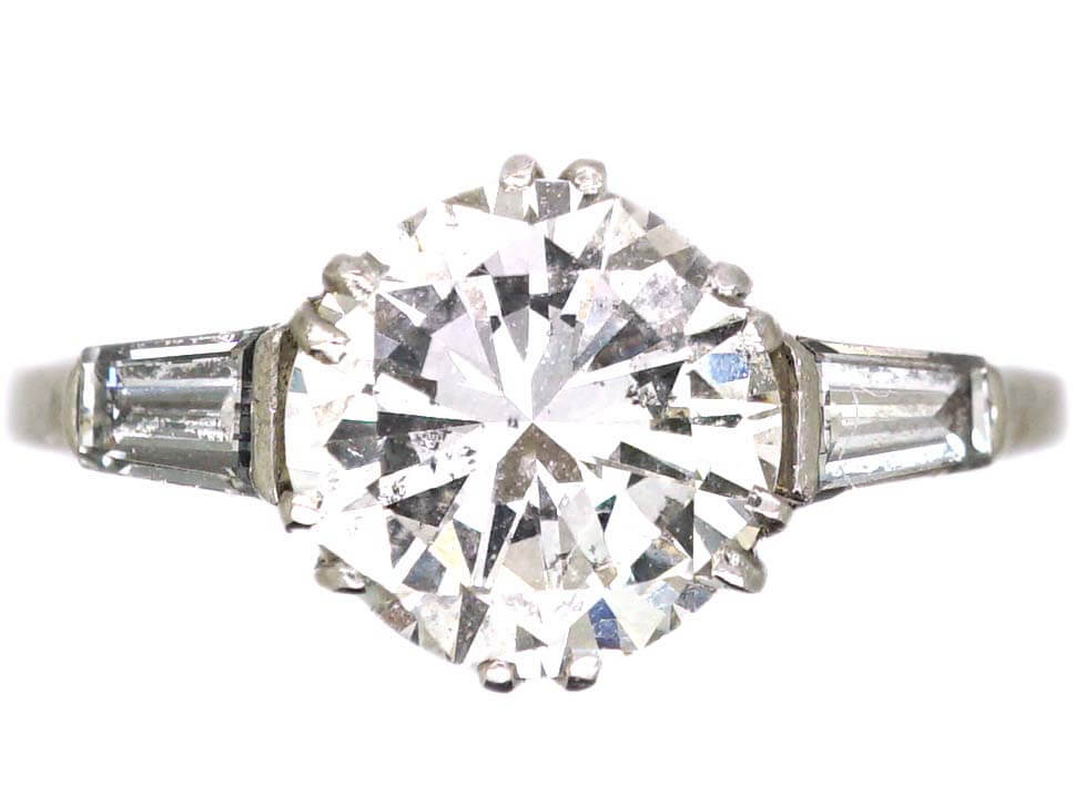 Art Deco Platinum 2.27 Carat Diamond Solitaire Ring with Tapered Baguette Diamond Shoulders