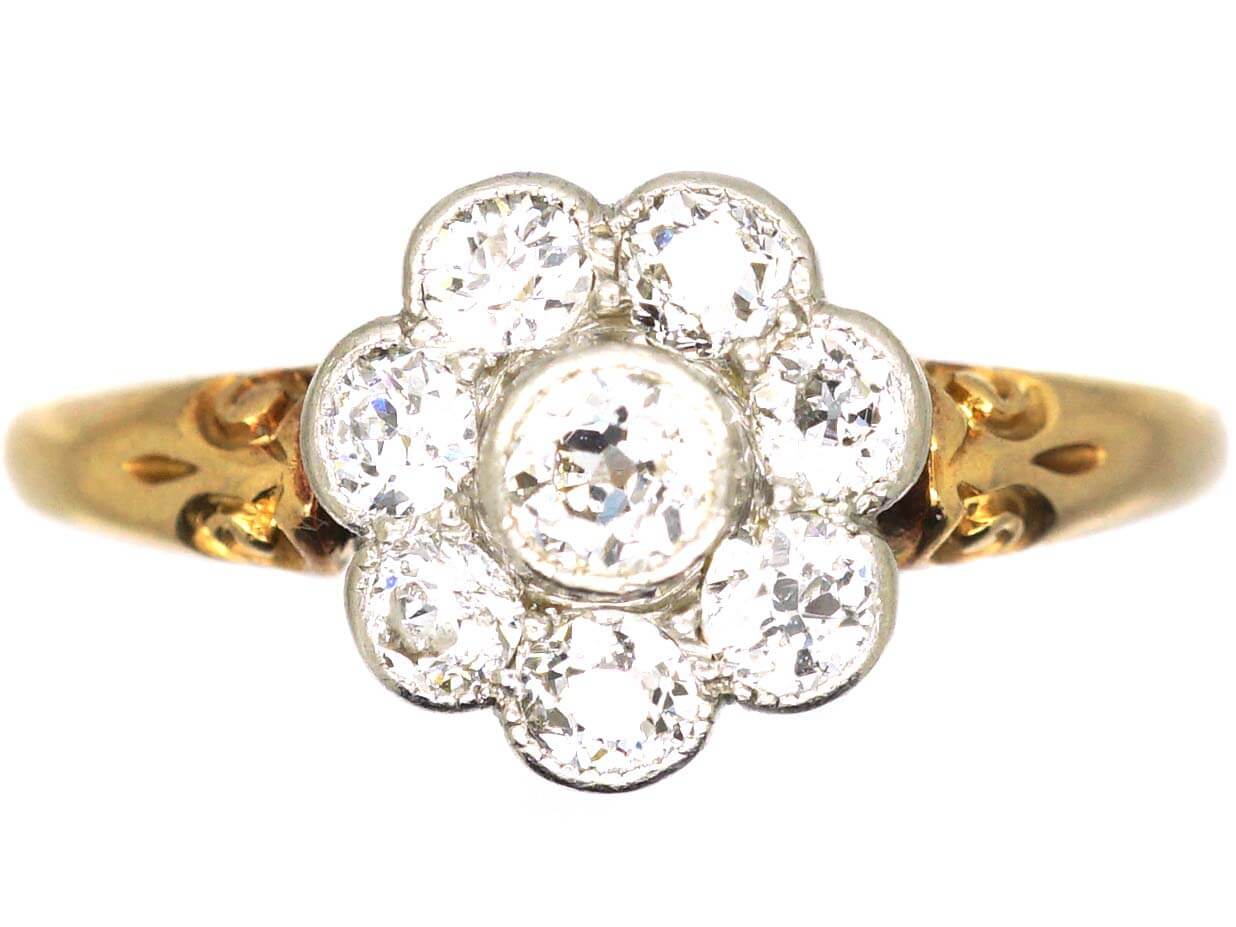 Edwardian 18ct Gold & Platinum, Old Mine Cut Diamond Daisy Cluster Ring ...