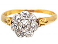 Edwardian 18ct Gold & Platinum, Old Mine Cut Diamond Daisy Cluster Ring with Ornate Shoulders